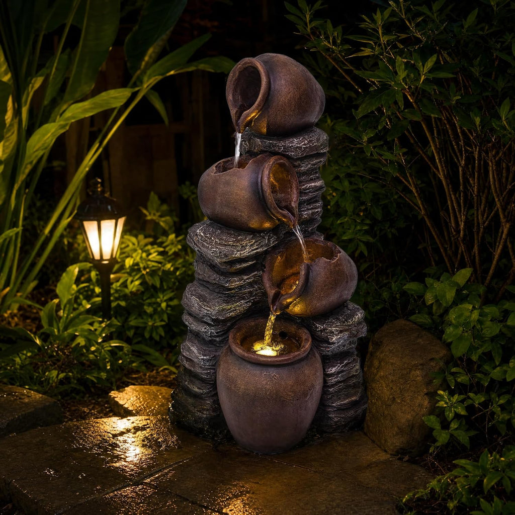 24.8" H Rock & Jar Cascading Water Fountain Outdoor/Indoor, Floor Standing Waterfall Fountain
