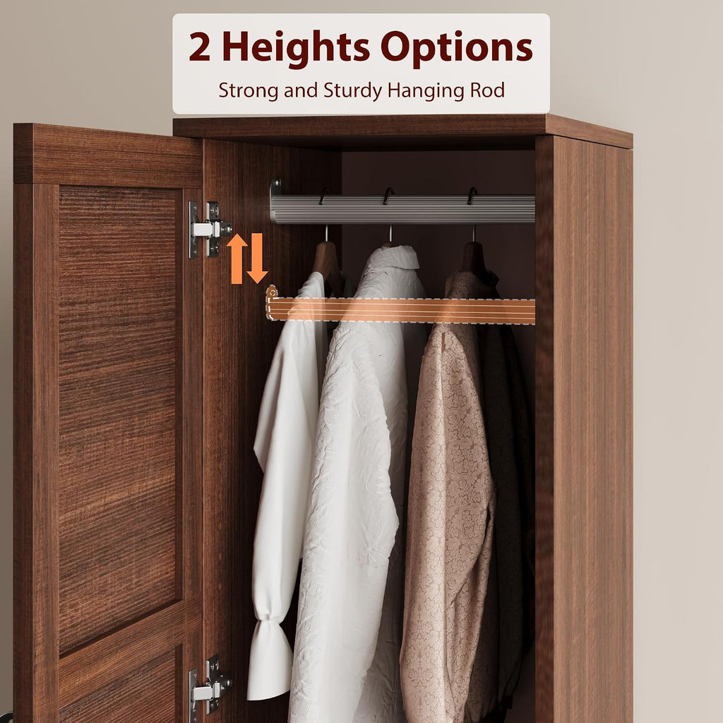 Heavy Duty Wooden Armoire Wardrobe Closet - 2 Doors, 72" Tall, Hanging Rod, 18 Adjustable Shelves, Narrow Bedroom