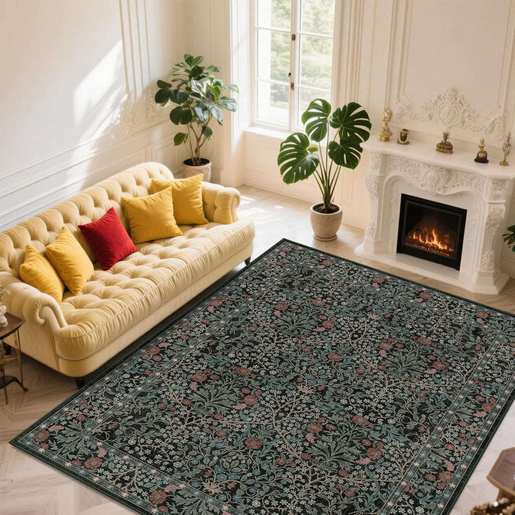 Extra Large 10x14 Area Rug, Washable Rugs, Non Slip Stain Resistant Carpet, Low Pile Vintage Floral Rug (Dark Green)
