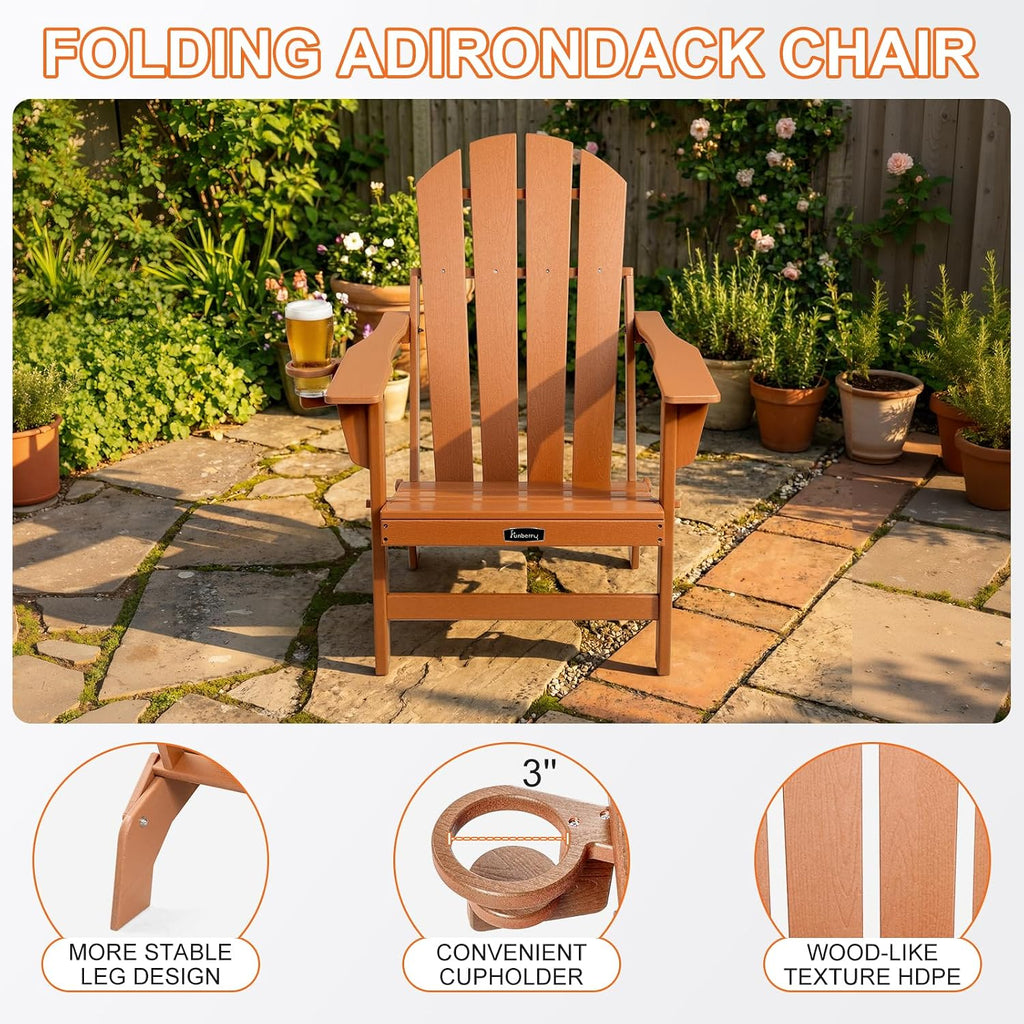 Folding Adirondack Chair, Stable Fire Pit Chairs with Cupholder | Wood-Grain, Stable Gun-Leg, HDPE All Weather, No