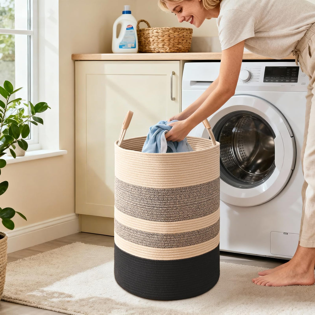 Large Laundry Basket, Laundry Hamper with Leather Handles, 90L Woven Dirty Clothes Hamper, Rope Hampers, Barthroom