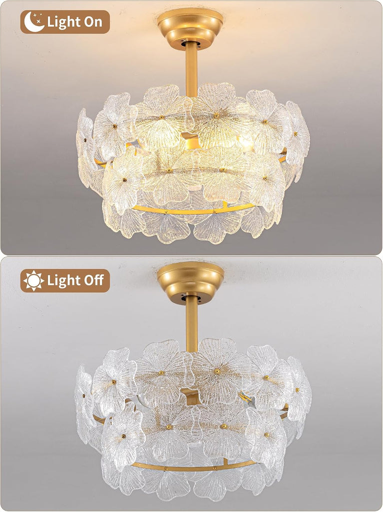Gold Flower Crystal Ceiling Fan with Lights,20" Caged Fandelier with Remote Control