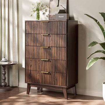 5-Drawer Dresser Fluted Drawers, Mid-Century, Walnut | 31"W x 15.4"D x 48"H, 130 lbs top / 40 lbs per drawer (7.7"H)