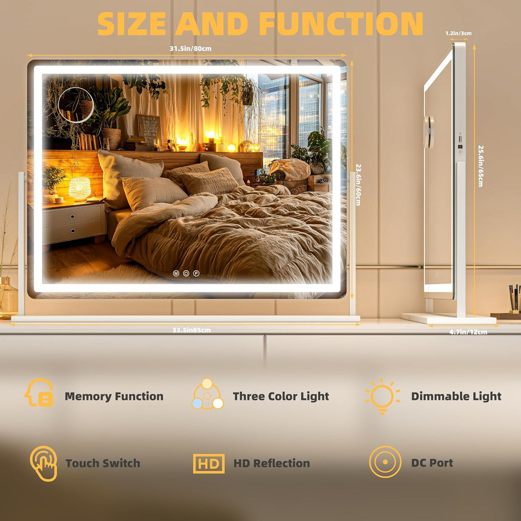 Large Vanity Mirror with Lights 34'' x 25.6'' - Touch Screen Hollywood Makeup Mirror, 3 Color Modes + Dimmable LED