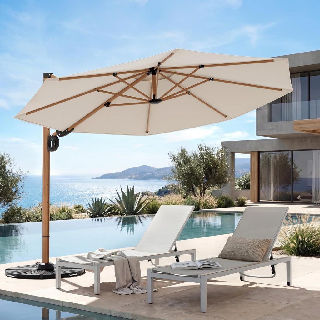12 FT Patio Umbrella, Outdoor Cantilever Round Umbrella with 360° Rotation, Aluminum Offset Umbrella Pool, Beige