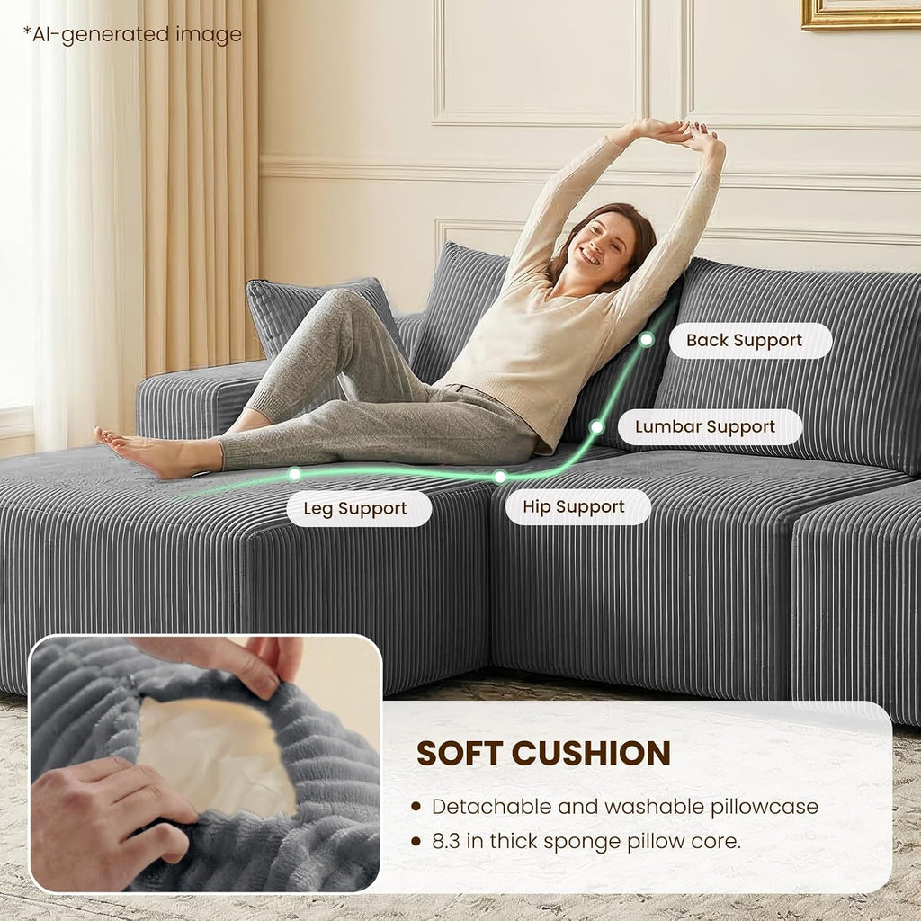 108" Boneless Sectional Couch,Corduroy Cloud Couch Sectional ,Modern L Shaped Modular Sectional Couch,3 Seater Sofa