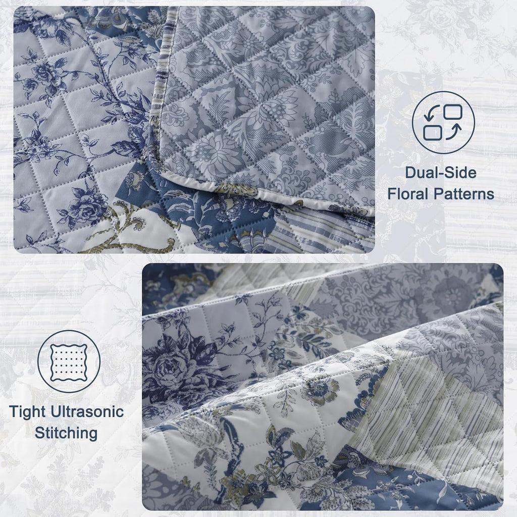 XL King Quilt Set, Blue and White Floral, Reversible, 106" × 96"