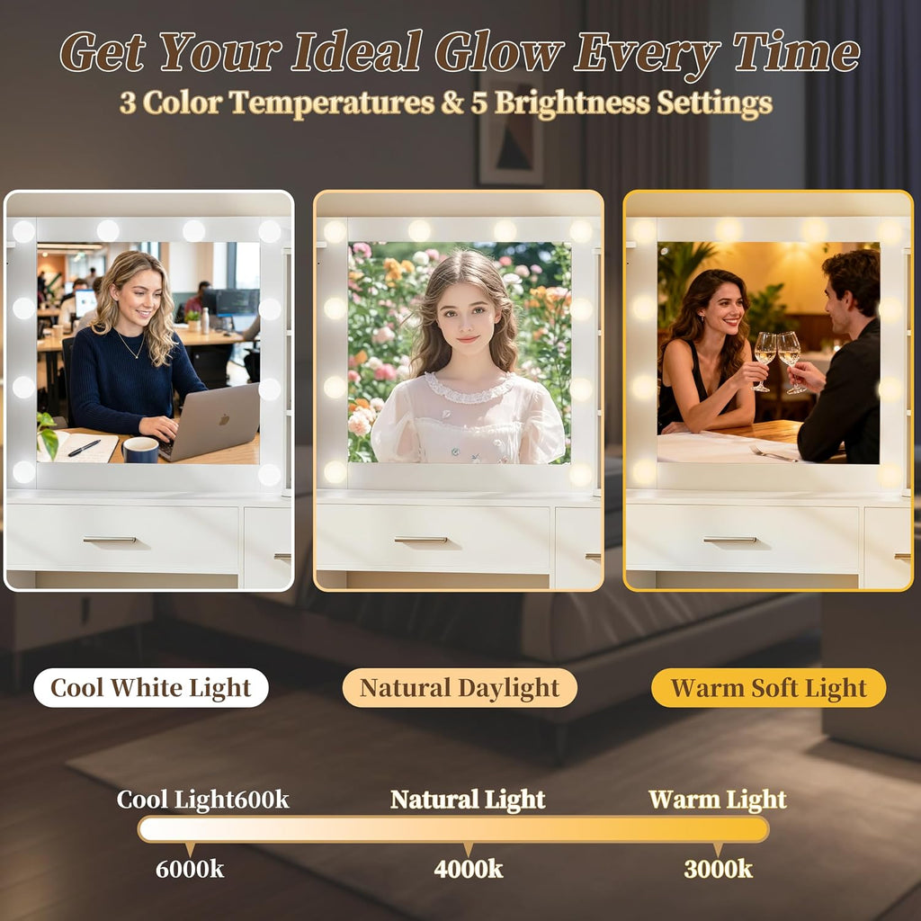 Makeup Vanity Desk with Lights, Mirror and Jewelry Storage, White | USB-C Charging, Rotating Jewelry Organizers, 3