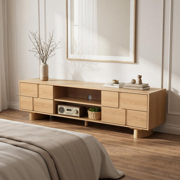 Japandi TV Console Stand 63" 3D Textured Doors Credenza