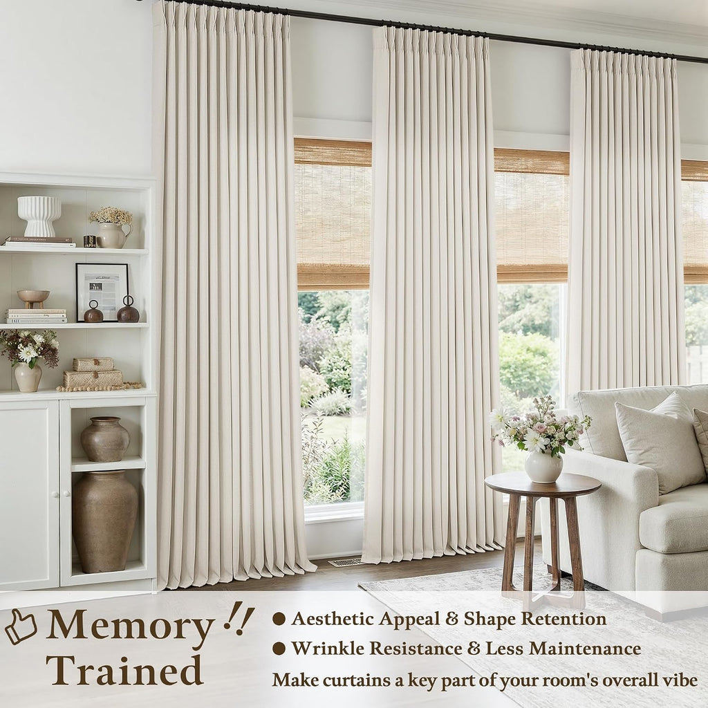 Natural Pinch Pleated Semi Sheer Curtains 2 Panels Set for Sliding Glass Doors, Memory Shape Pleat Thick