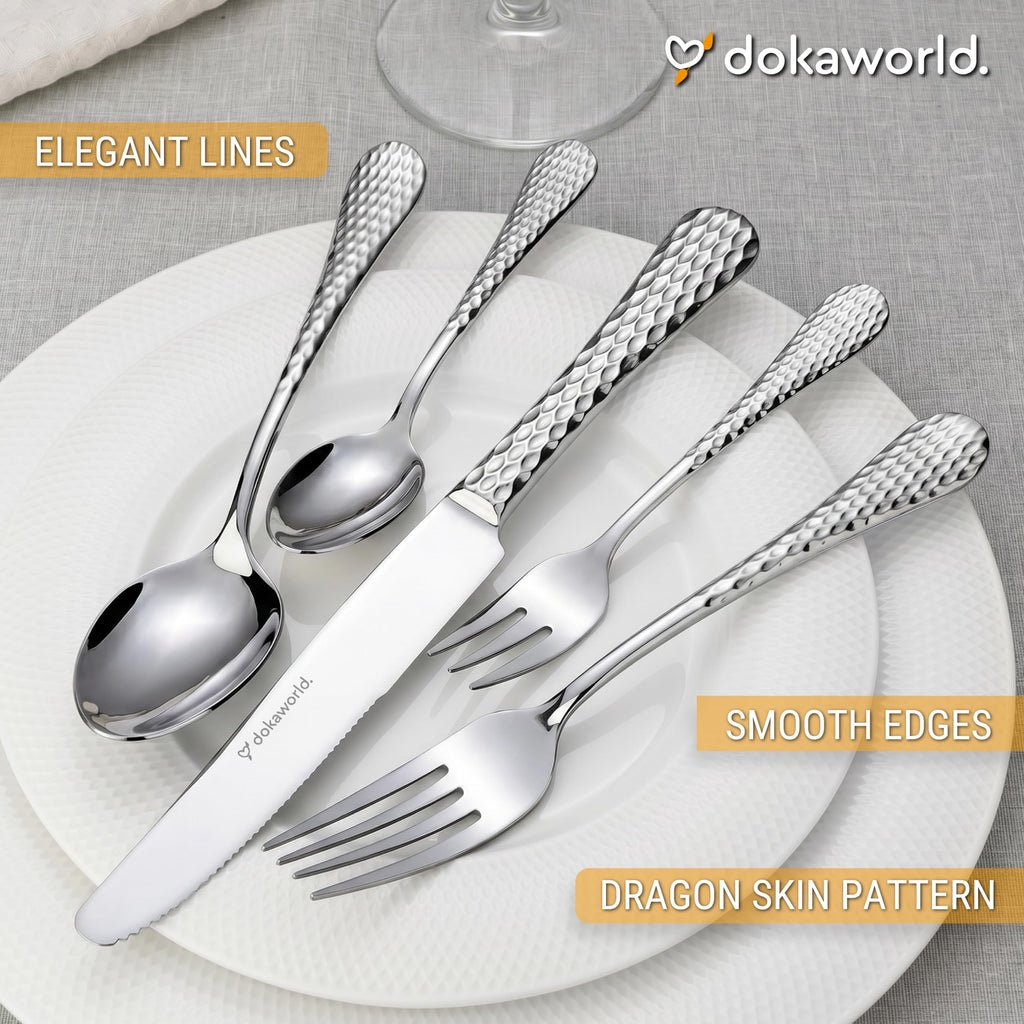 Stainless Steel Flatware - Hammered Design 40 Piece Cutlery Set