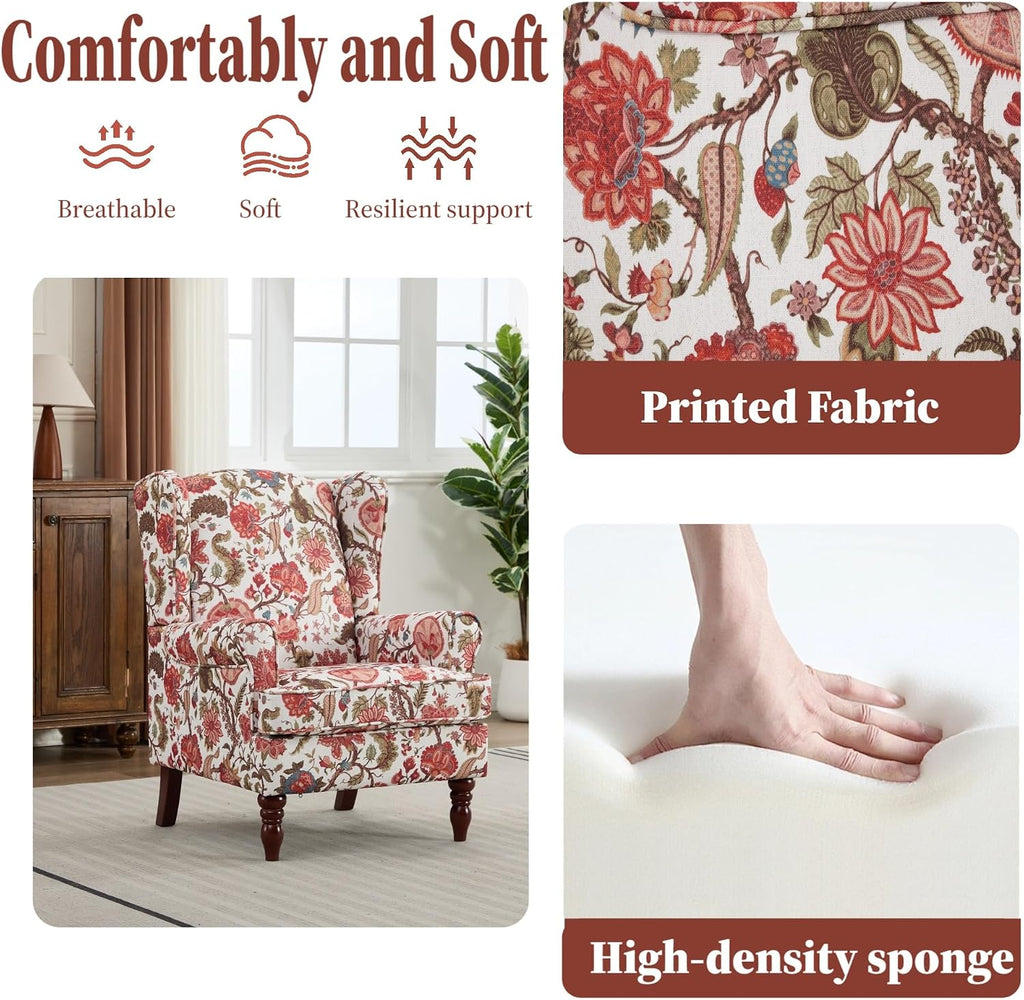Mid Century Floral Wingback Accent Chair Floral Red | High Back/Retro Wooden Legs/ Breathable Linen Fabric