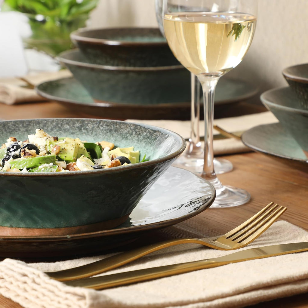 Green Lantern Service for 4 (16 Piece) Double Bowl Dinnerware Set, Teal, Soft Gray, Dinnerware Set