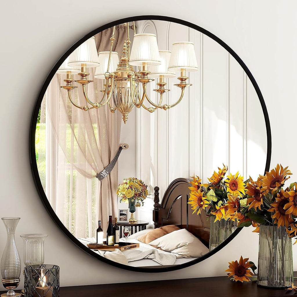Round Mirror 30 Black Wall Mounted Circle Mirrors Vanity Mirror with Brushed Aluminum Alloy Frame Modern Decoration