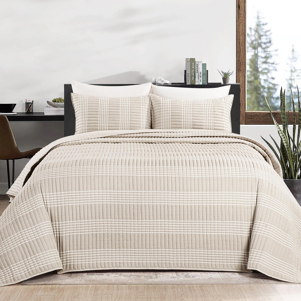 132x120 Seersucker Patchwork Quilt Set, Lightweight Plaid Bedspread Coverlet Set, All Season Bohemian