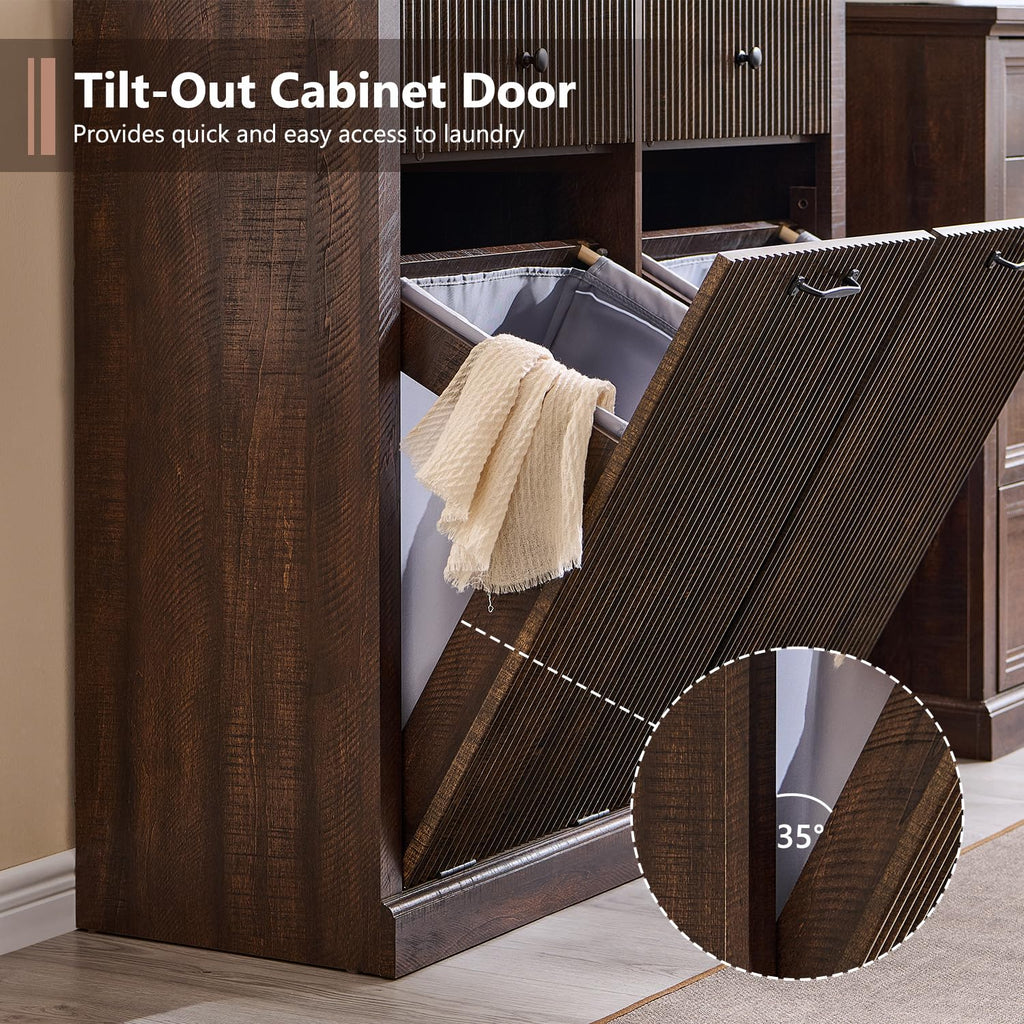 Double Tilt Out Laundry Hamper Cabinet, Modern Trash Cabinet, Brown