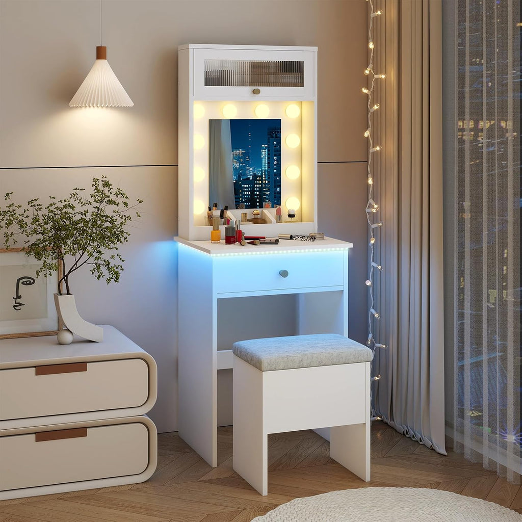 Small Vanity with Mirror & RGB Light White Makeup Set | Table Storage Rack, Mini Vanity with Storage Chair, Space