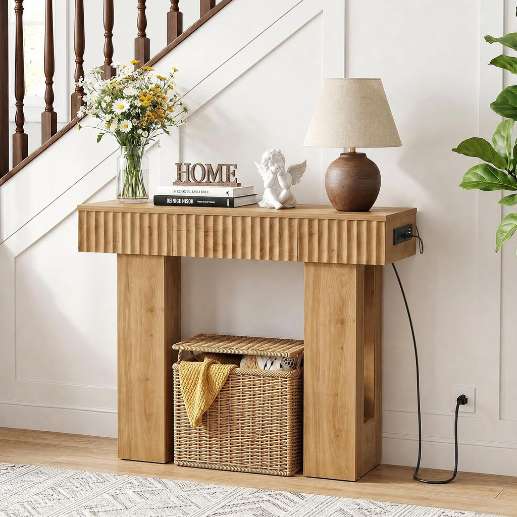 39" Console Table with Drawer and Outlets W/USB-C, Modern Fluted Entryway Table with Storage, Sofa Table Behind The