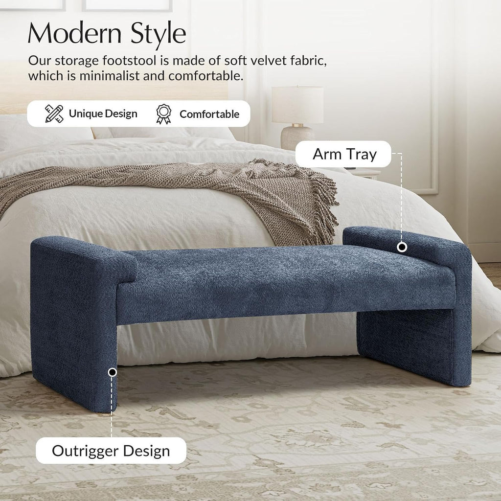 58" Boucle Upholstered Bedroom Bench with Arm Tray, Slate-Blue | End of Bed Bench with Wood Legs, Fabric Entryway