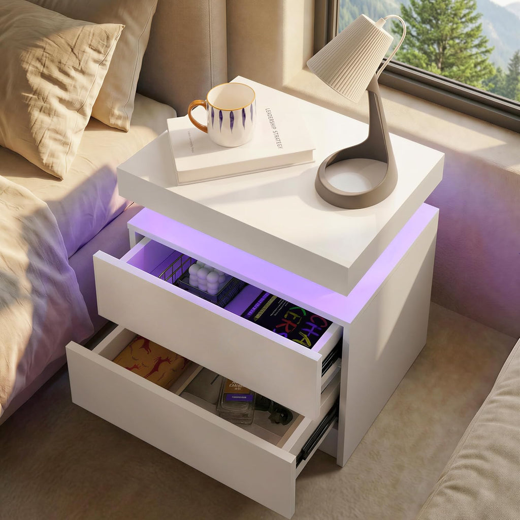Nightstands Set of 2,LED Night Stand Set 2,Bedside Table with Wood Drawers,Modern End Side Table ,White