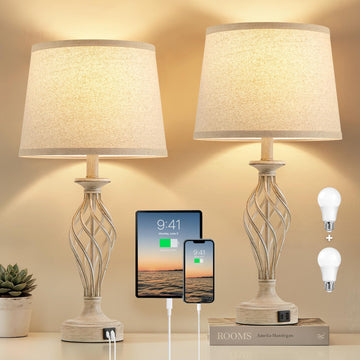 Table Lamp Set of 2 with USB C+A Ports, Modern Night Stand Lamps