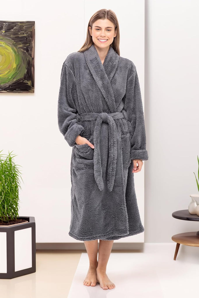 ADR Women's Long Sleeve Plush Fleece Robe with Pockets, Bathrobe