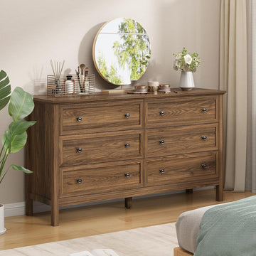 55" Walnut Dresser , 6 Drawer Dresser with Wide Drawer and Metal Handles, Wood Dressers & Chests of Drawers .