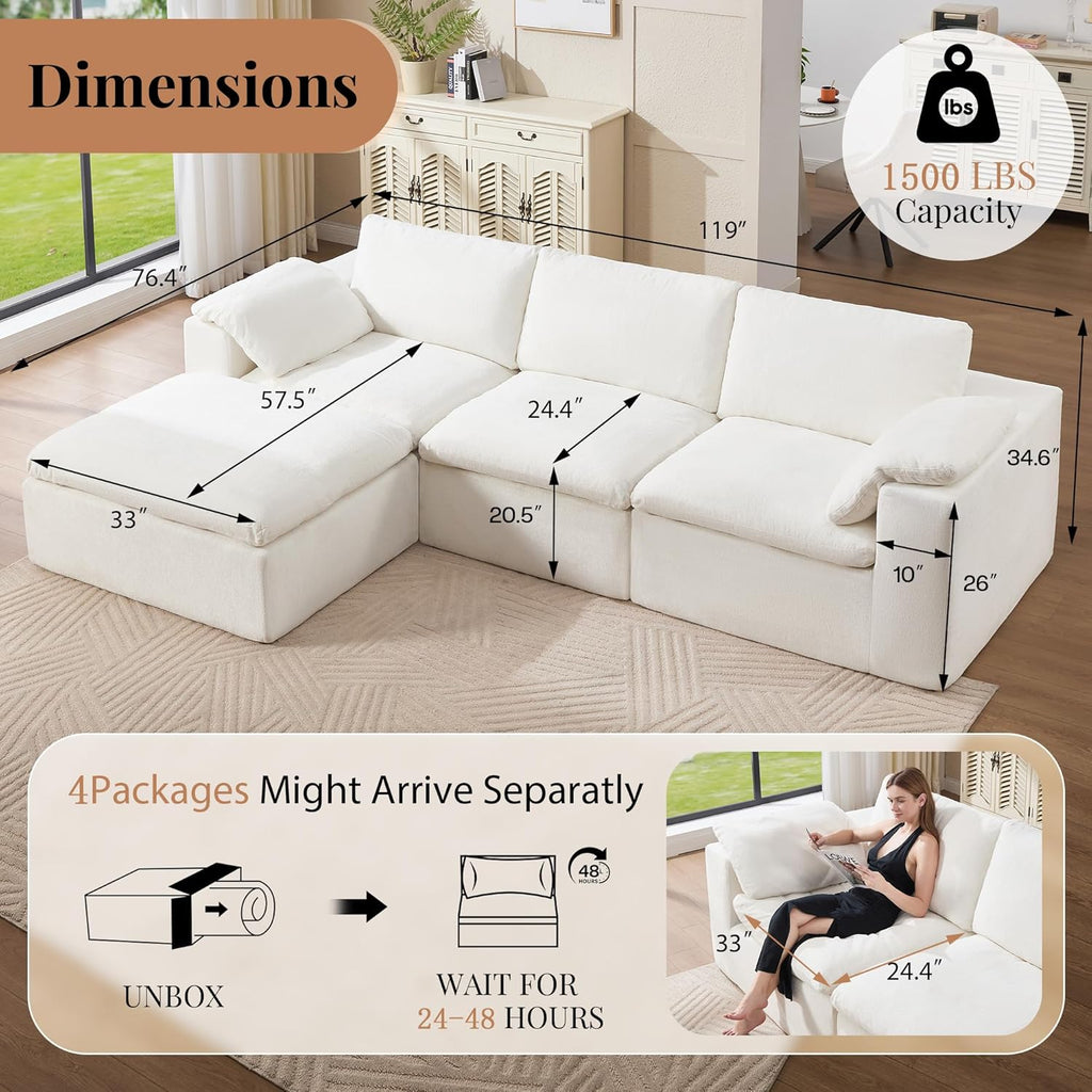 120" Cloud Modular Sectional Sofa, No-Assembly Oversized Chenille Couch with 76.4" Extra-Deep Chaise, Modern White