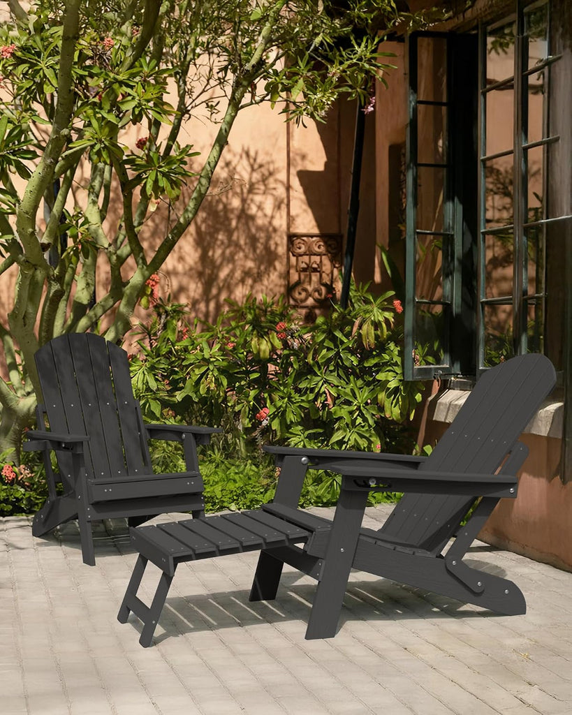 Adjustable Adirondack Chair with Footrest,All-Weather, Black | 5-Level Adjustable Backrest, Folding Fire Pit Chairs