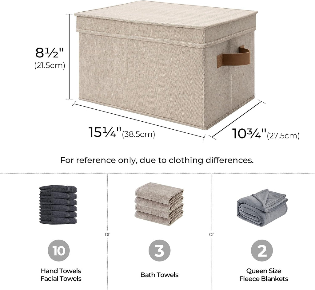 Fabric Storage Bins with Lids, Decorative Storage Bins with PU Handles, Foldable Storage Baskets for Closet, Shelves
