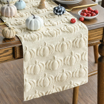 Beige Soft Faux Fur Pumpkins Fall Table Runner 13x72 Inch