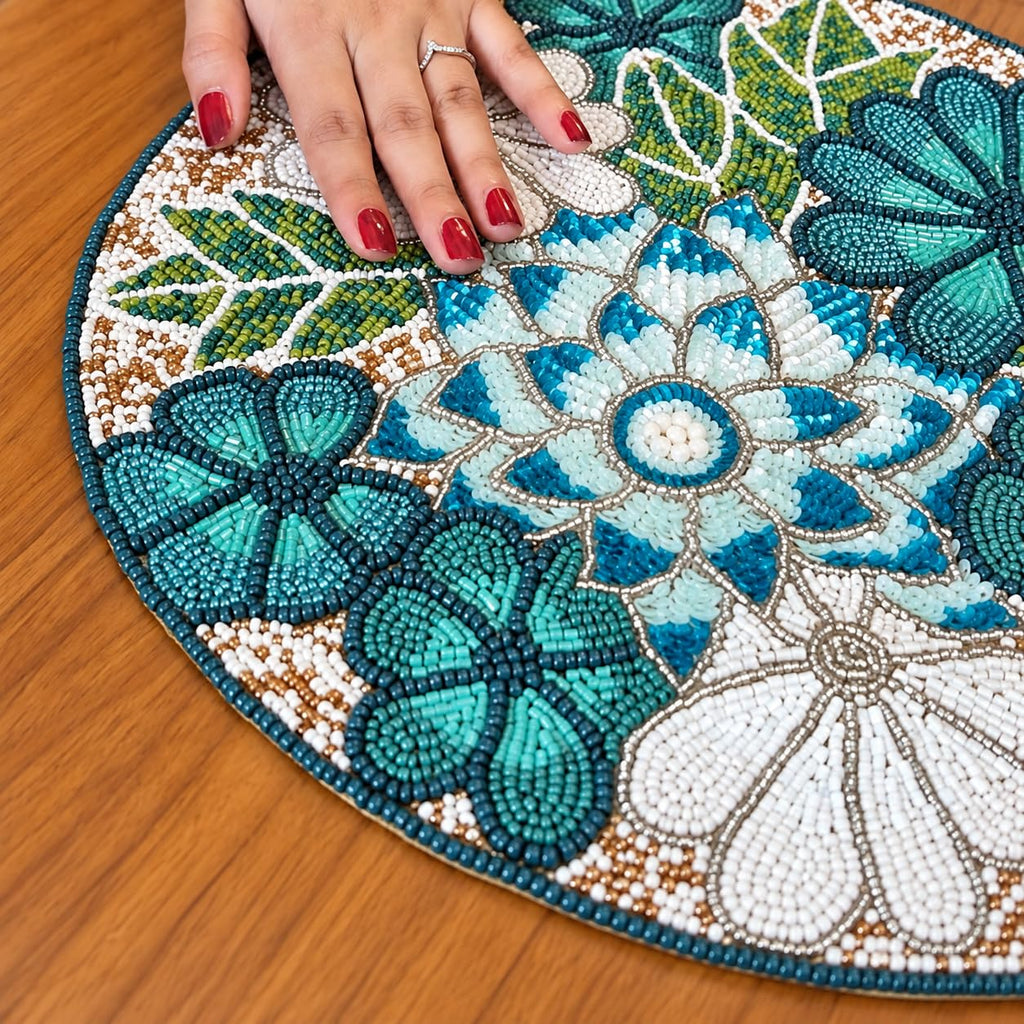 Beaded Placemats 13" Flower, Round Dining Table mat, Teal Multi