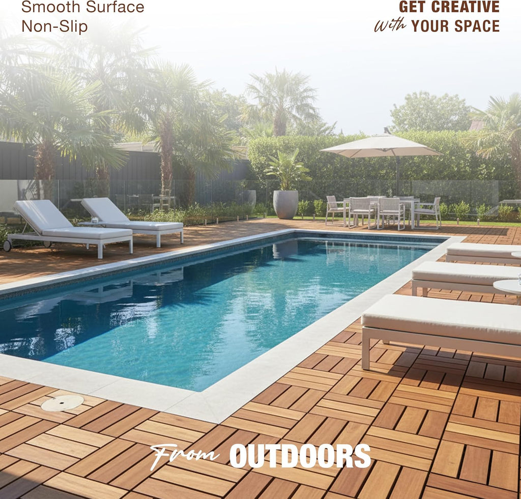 Premium Acacia Wood Interlocking Deck Tiles, 9 PCS 12"x12"x0.9" Patio Flooring, Waterproof Decking Tiles for Balcony