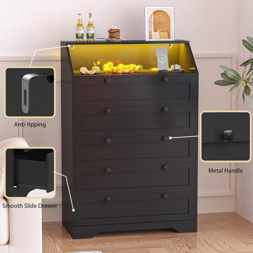 Black Dresser Tall 5 Drawer Dresser , Wood Chest of Drawers with LED Lights, Charging Station, Metal Handles, Modern