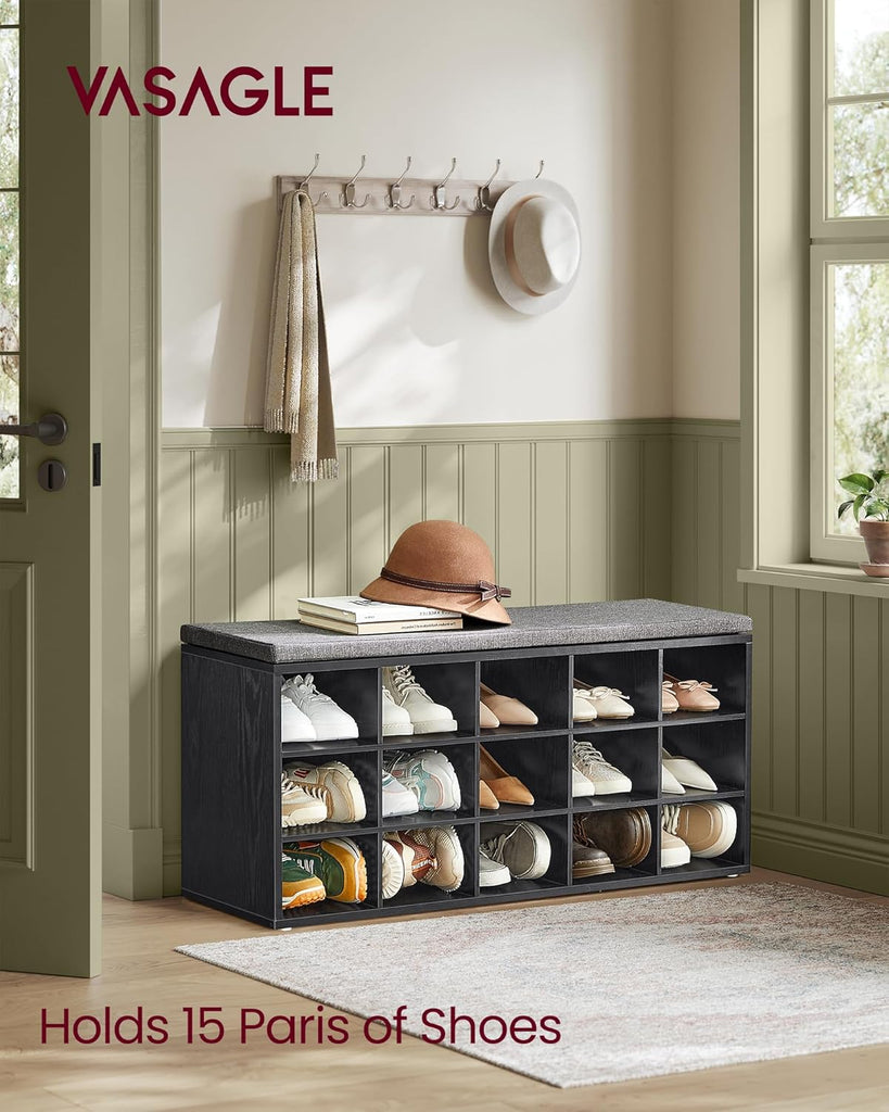 Shoe Bench, Storage Bench with Padded Seat, Entryway Bench with 15 Compartments, , 11.8 x 41.3 x 18.9