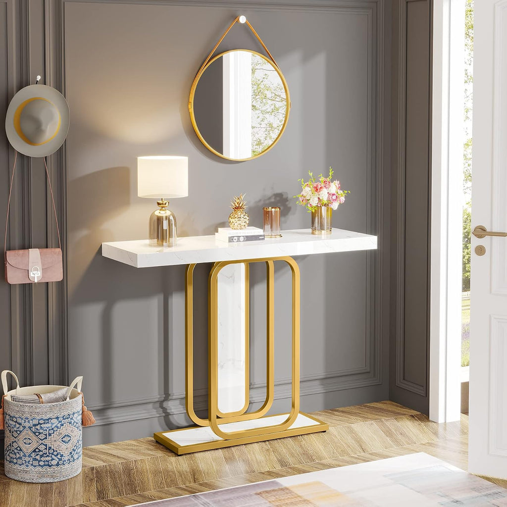 Modern Gold White Console Table with LED Lights, 41.3 Inch Entryway Hallway Foyer Accent Table with Faux Marble