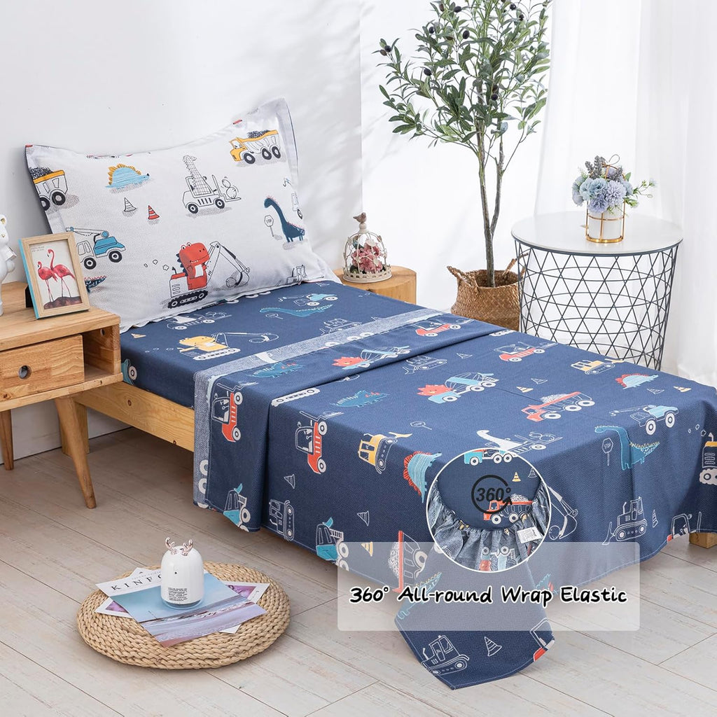 Cotton Twin Bedding Set, Dinosaur Cars Reversible Twin Comforter Set for Kids Boys Girls, 4 Pieces Bed in a Bag