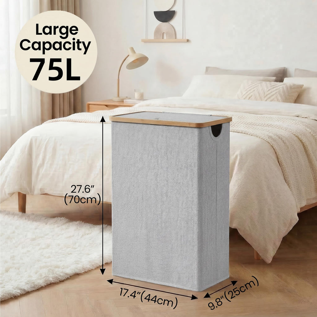 Slim Laundry Hamper with Lid and Removable Bag, 75L Light Grey