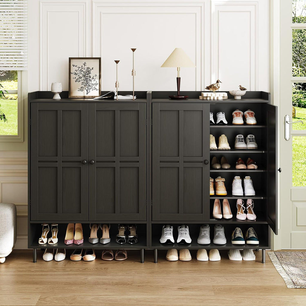 Black 7+1 Tier Farmhouse Shoe Storage Cabinet - 45" Tall Entryway Organizer with Cross Molding Doors, 3 Adjustable