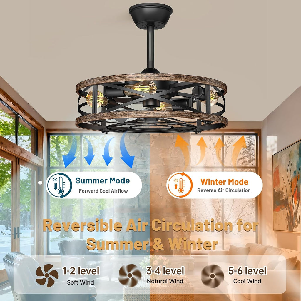 20in Caged Ceiling Fan with Lights, Low Profile Ceiling Fan