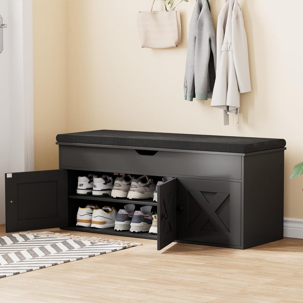 Shoe Storage Bench with Lift Top & 3 Barn Doors, Entryway Bench with Removable Cushion, Adjustable Shelf, Hidden