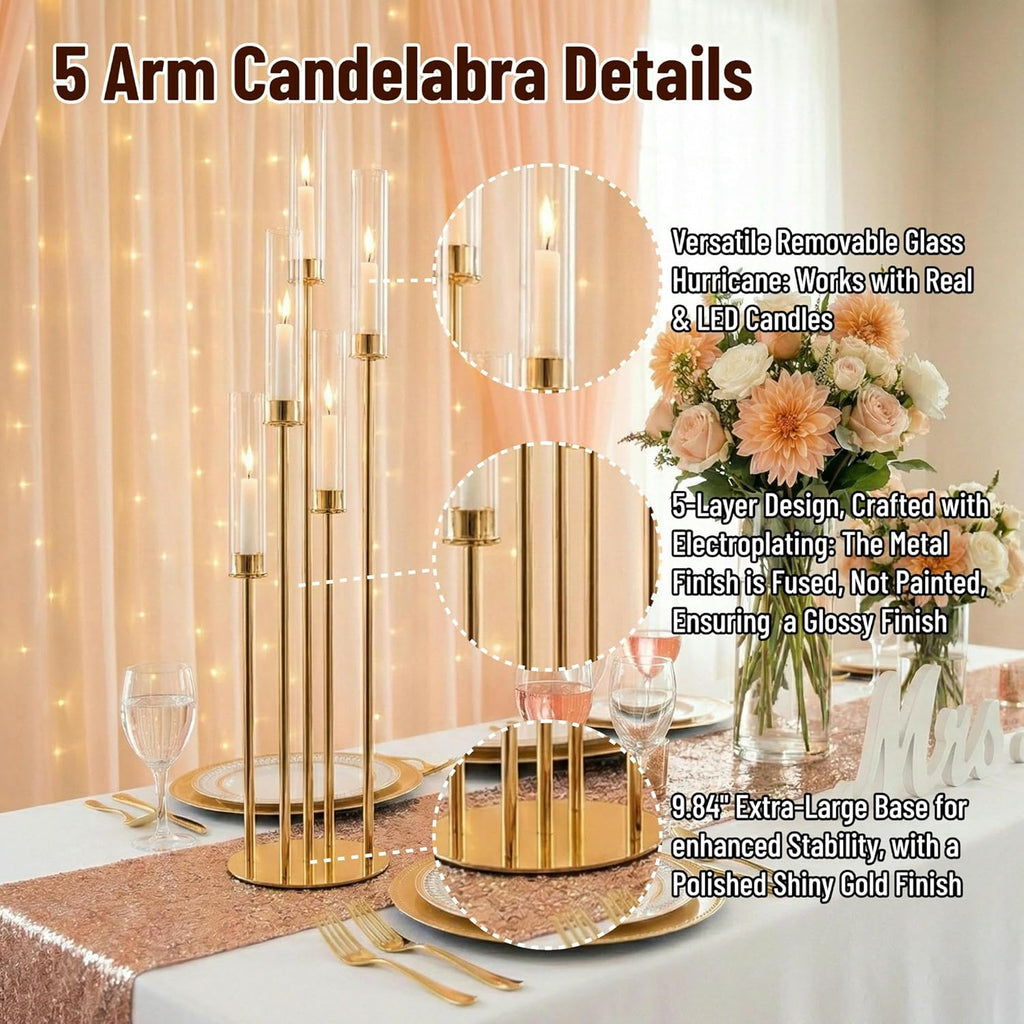 Gold Candelabra with Glass Cylinders for Real Candles 5 Arms Metal Candle Holder Wedding Event Party Home Decoration