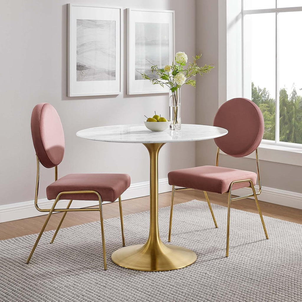 Inspired Saarinen Style Tulip Round Pedestal Dining Table — Gold Base / White Marble Top, 36″ Round