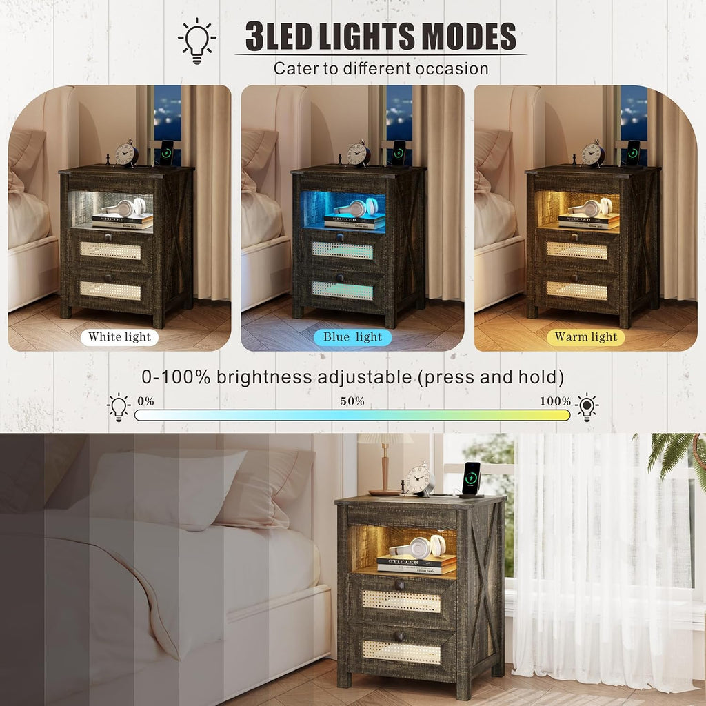 Rustic Nightstand with Gun Drawer, End Table with Charging Station, LED Bedside Table with Human Sensor Light, Rattan