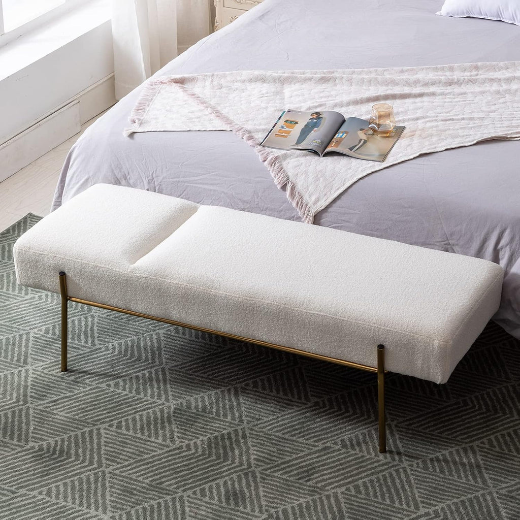 Modern End of Bed Bench, Upholstered Entryway Bench with Detachable Pillow , Faux Fur Ottoman Bench with Gold Metal