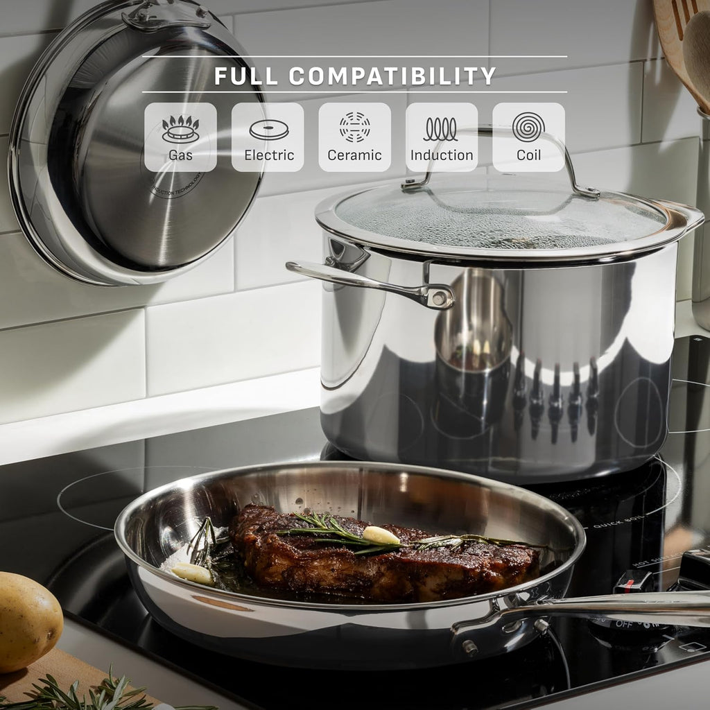 Pro Tri-Ply Stainless Steel 10-Piece Induction Cookware Set | NSF-certified, oven safe to 500°F, glass lids to 350°F