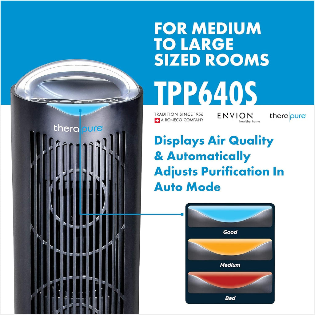 Therapure TPP640 Air Purifier Tower with Air Sensor, Handle, and Remote Control (Black)
