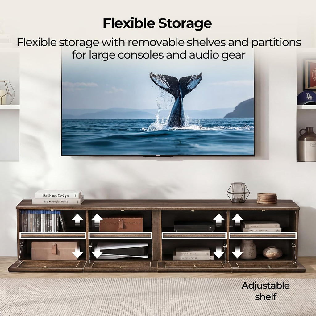 70" Modern TV Stands with LED Light for TVs Up to 75 inches, Low Profile Entertainment Center with 4 Flip-Down Door & Fluted Details, TV Media Console for Living Room, Walnut