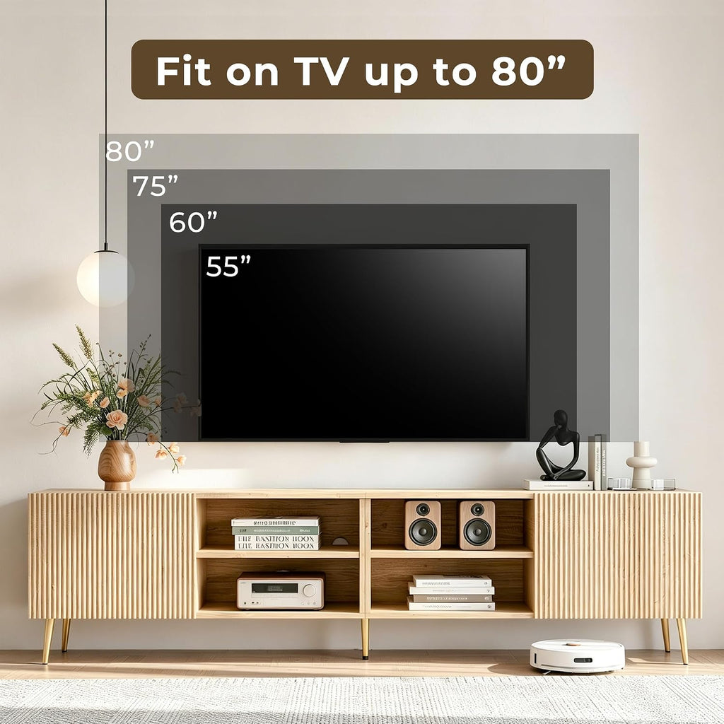 Modern 86" Wood TV Stand for Living Room, Fluted Design Entertainment Center with Adjustable Shelves for TVs Up to 80",Media TV Console with Storage for Bedroom, Natural