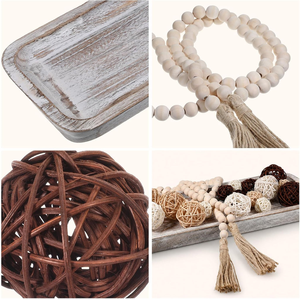 Wooden Dough Bowl Decor, Wood Dough Bowl Wicker Rattan Balls Beads String with Tassel, Wood Rustic Dough-Bowl - Set of 20